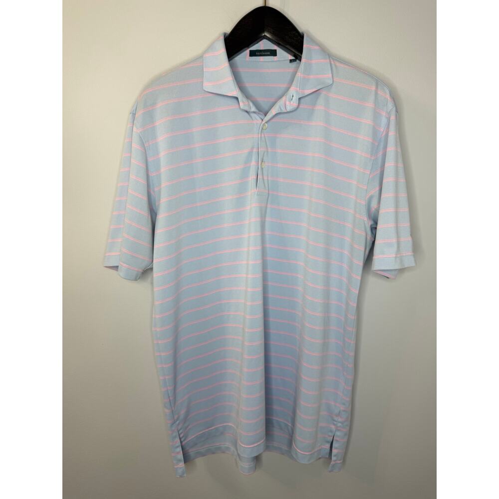 Turtleson Men's Blue Pink Stripe Performance Golf Polo Shirt Sz L